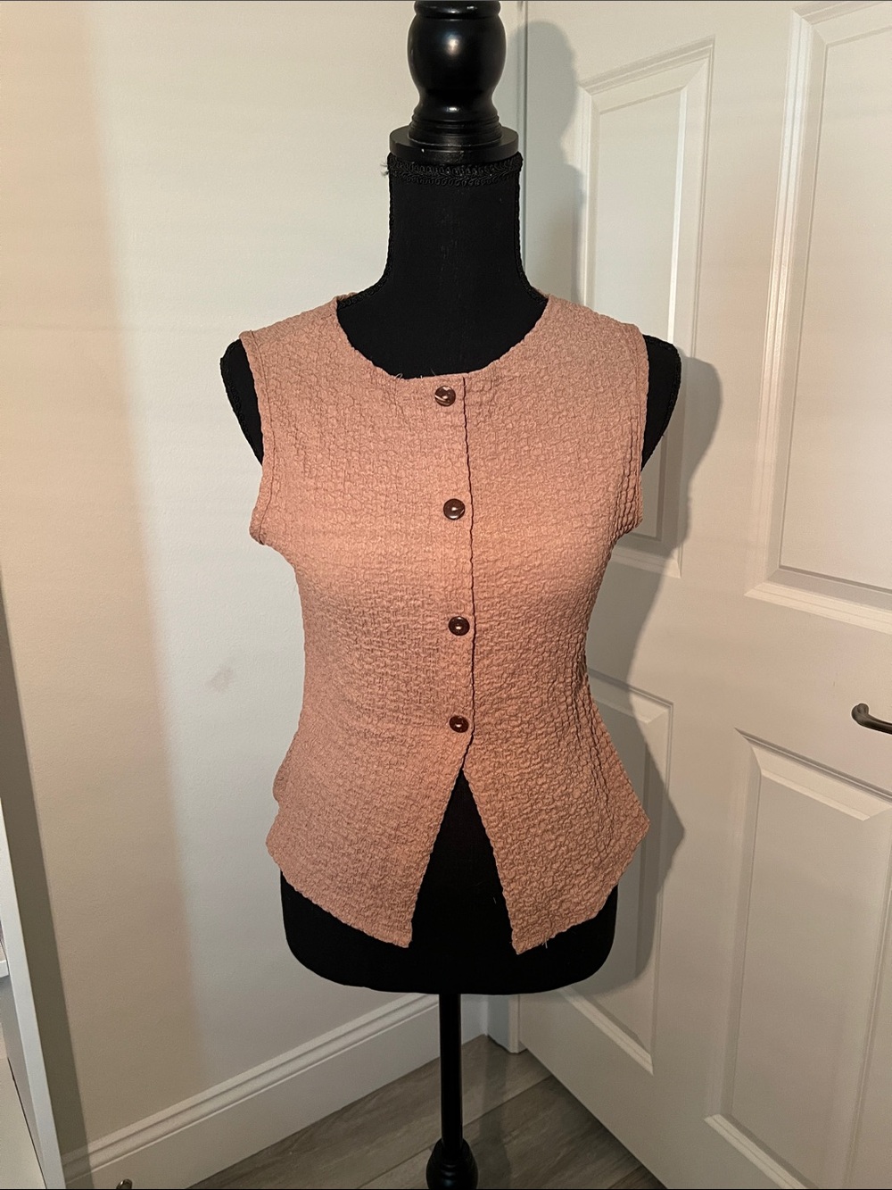 Sleeveless Tan Textured Button Front Top